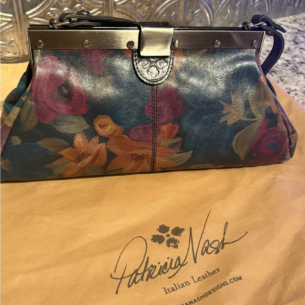 Patricia Nash Blue and Magenta Floral Clutch Artistic Design